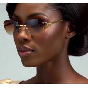Rimless‎ Sunglasses Women Gold Accents Brown Gradient Lens Fashion Shades Lentes